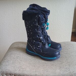 Girls Navy Lands End Star Winter Boots with Teal Accents